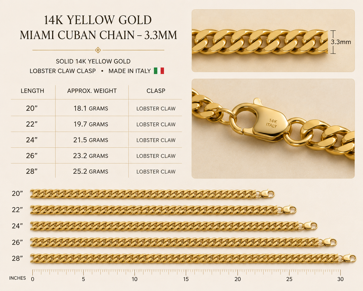 14K Yellow Gold Solid Miami Cuban Chain – 3.3mm