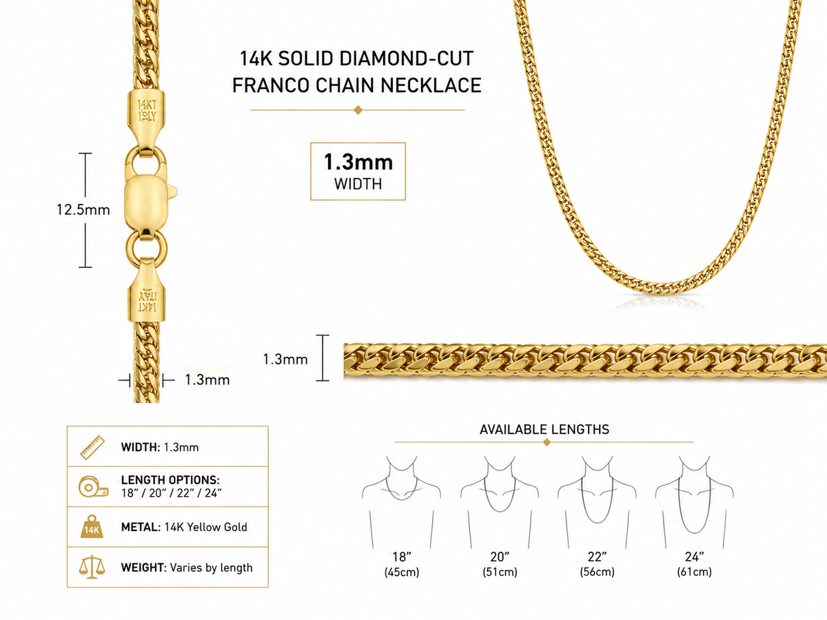 14K Yellow Gold Solid Diamond-Cut Franco Chain – 1.3mm