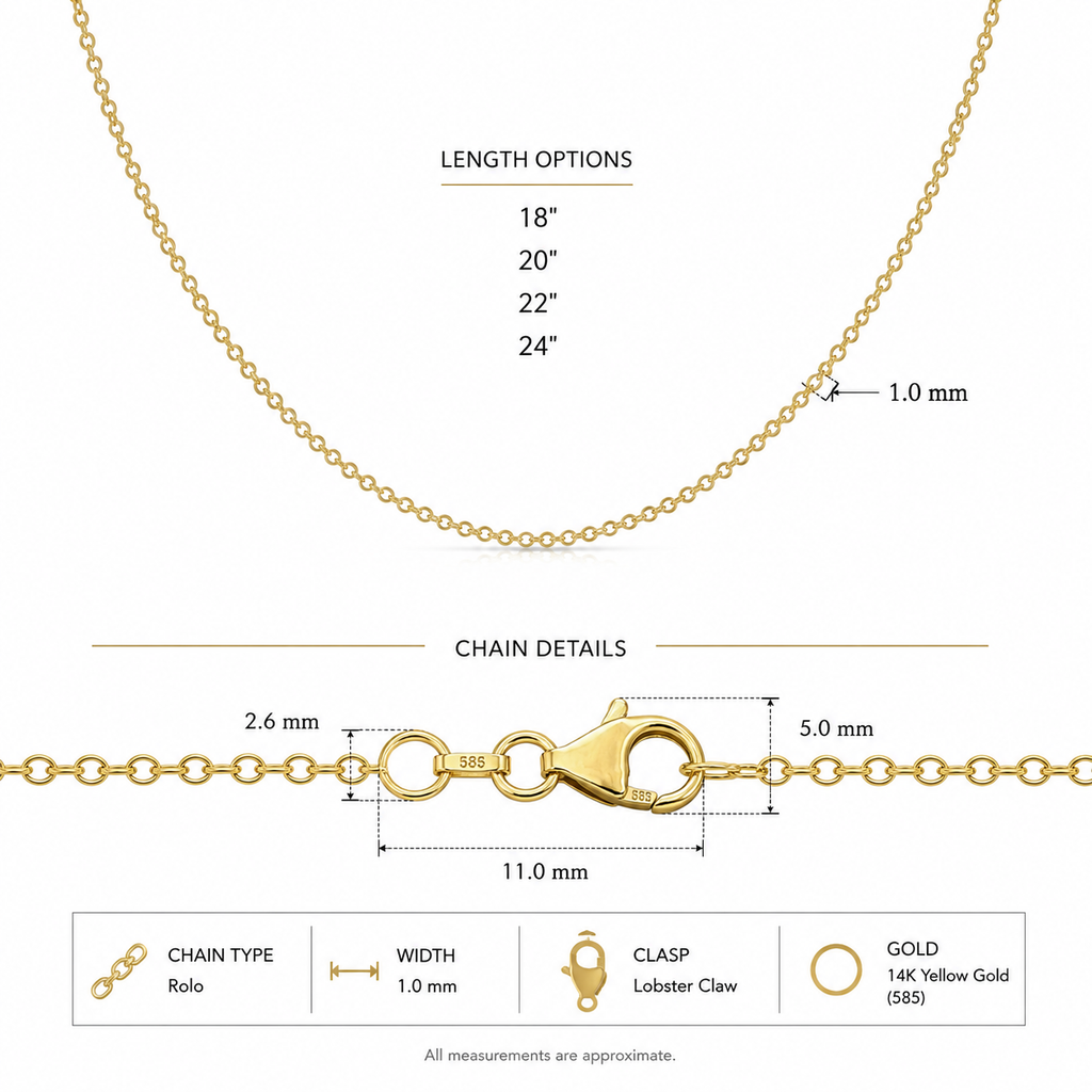 Italian 14K Yellow Gold Rolo Chain – 1mm