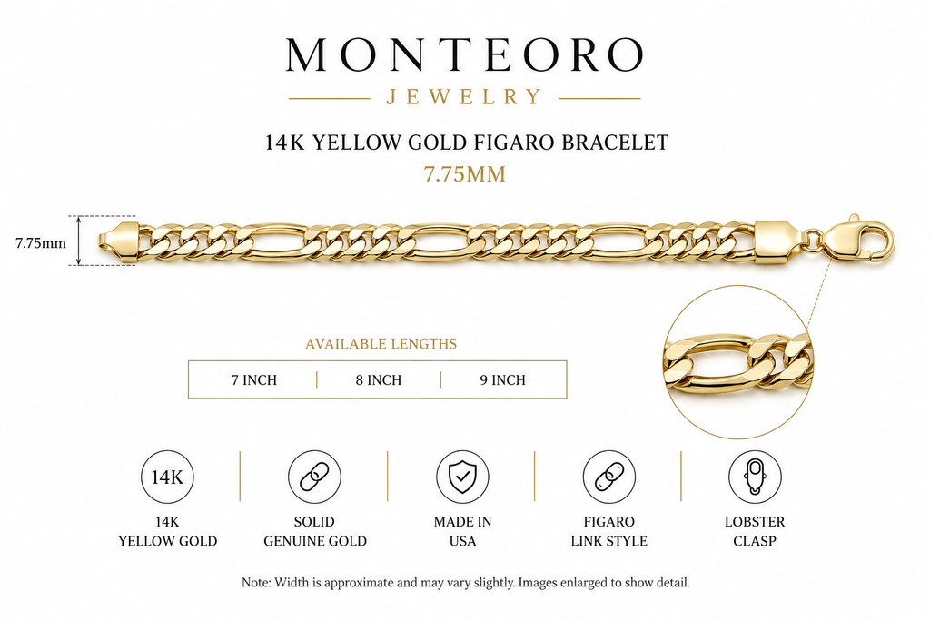 14K Yellow Gold Solid Figaro Bracelet – 7.75mm