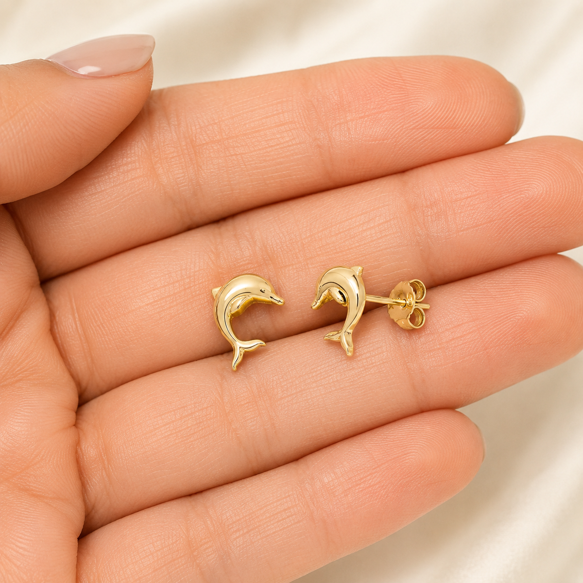 14K Yellow Gold High-Polish Jumping Dolphin Stud Earrings