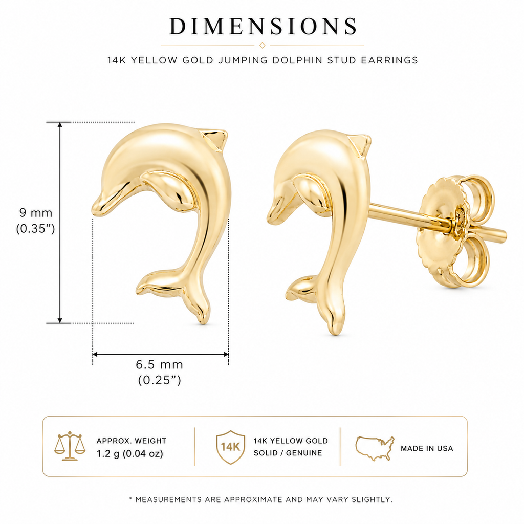 14K Yellow Gold High-Polish Jumping Dolphin Stud Earrings