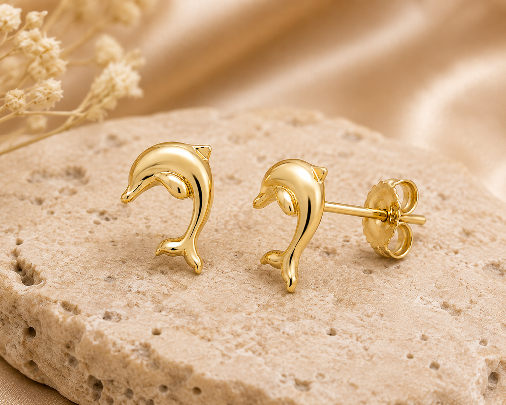 14K Yellow Gold High-Polish Jumping Dolphin Stud Earrings