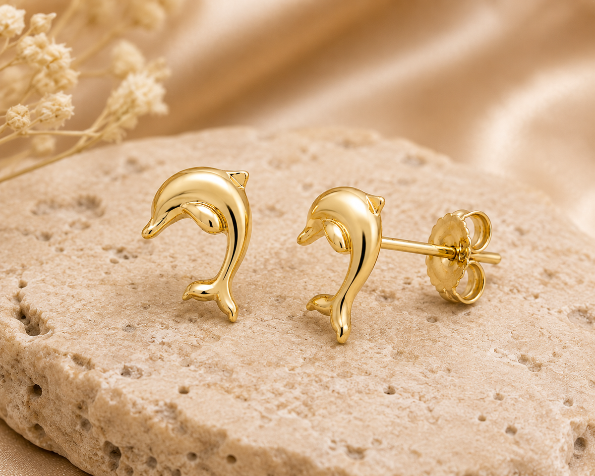 14K Yellow Gold High-Polish Jumping Dolphin Stud Earrings
