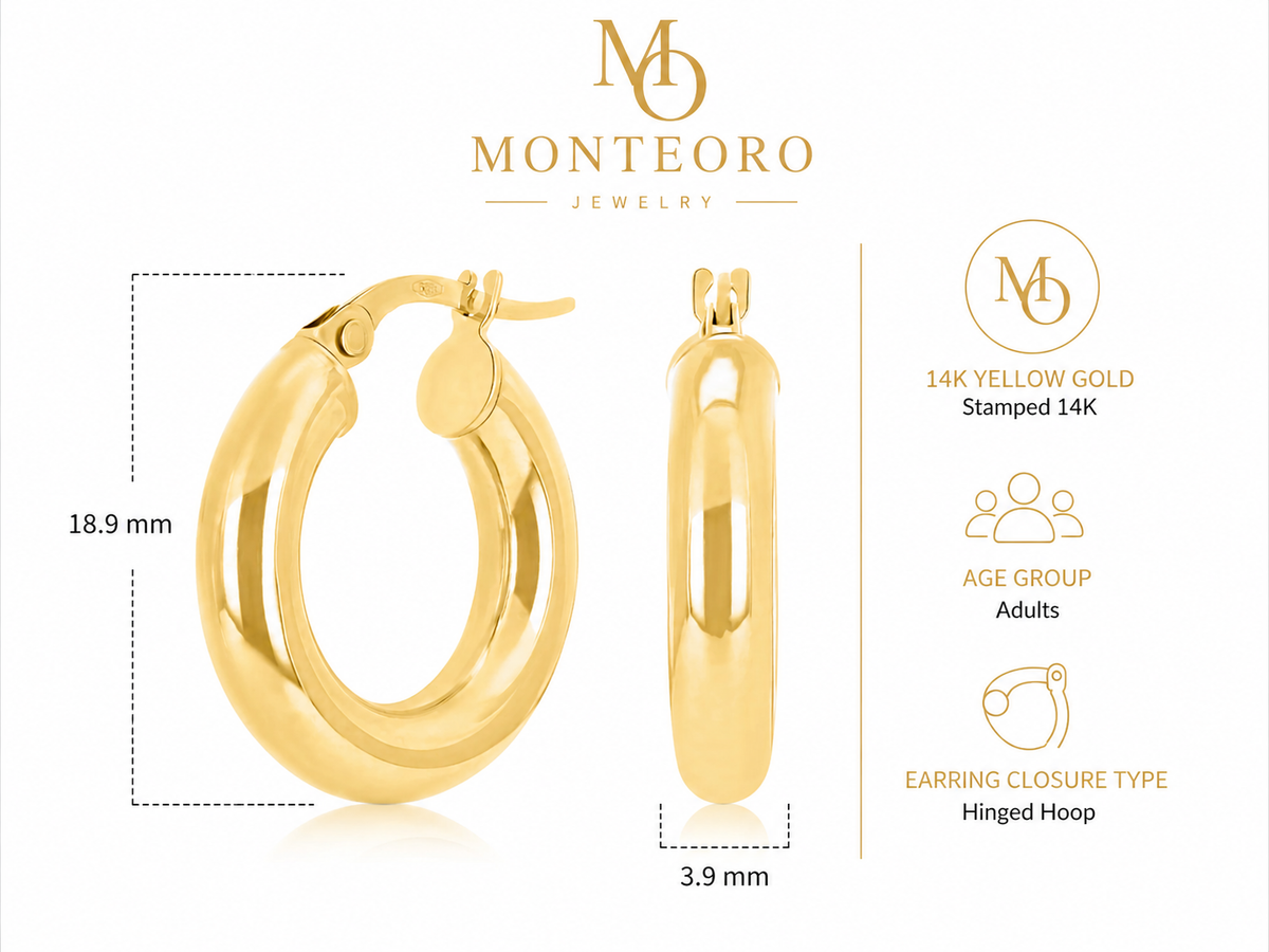 14K Yellow Gold High-Polish Round Hoop Earrings – 4mm