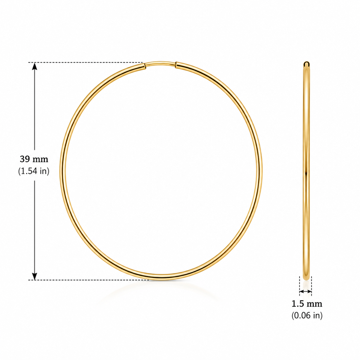 14K Yellow Gold High-Polish Endless Hoop Earrings – 1.5"