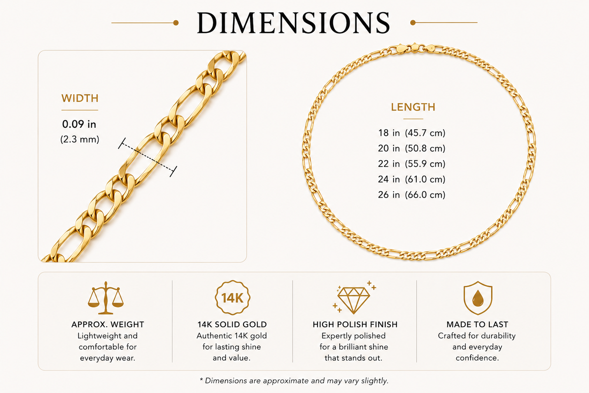 14K Yellow Gold Solid Figaro Chain – 2.3mm
