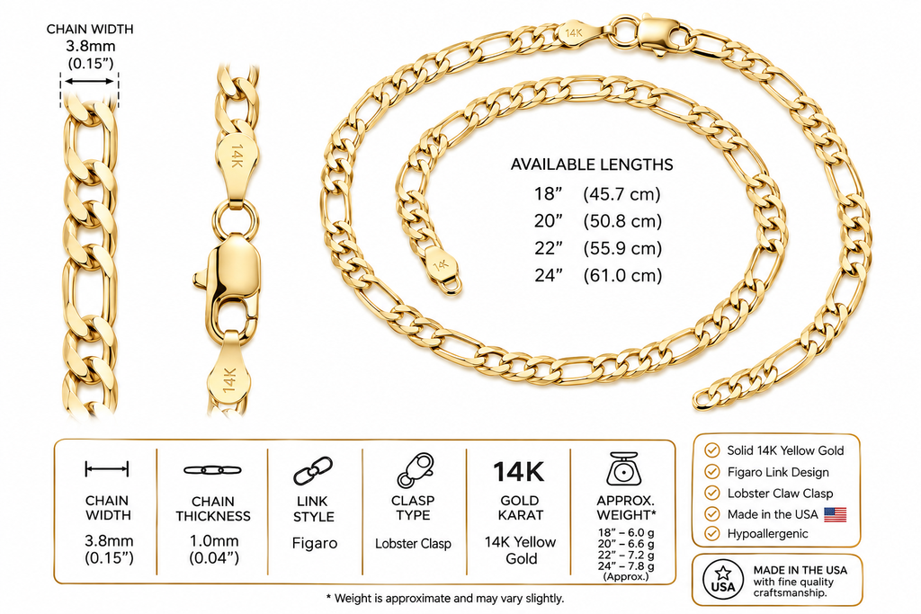 14K Yellow Gold Solid Figaro Chain – 3.8mm