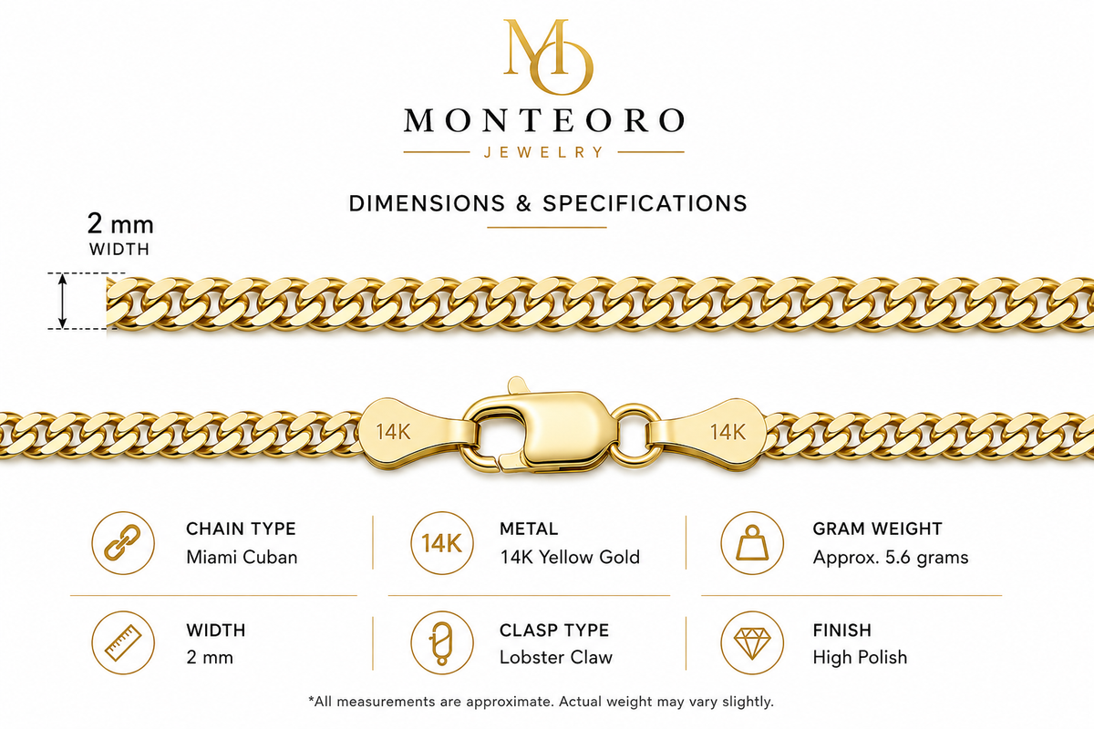 14K Yellow Gold Solid Miami Cuban Chain – 2mm